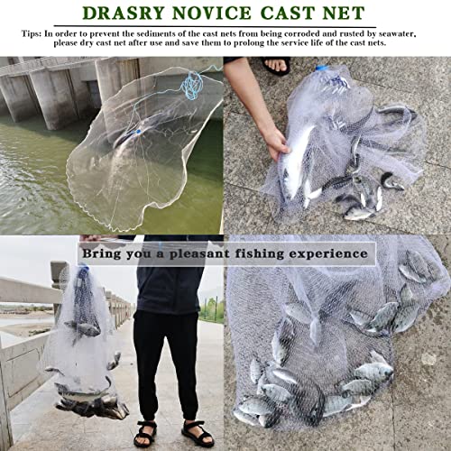 Drasry 10FT Cast Net with 3/8-inch Mesh, Zinc-Iron Sinkers, White, Heavy Duty Monofilament, Bait & Shrimp Trap