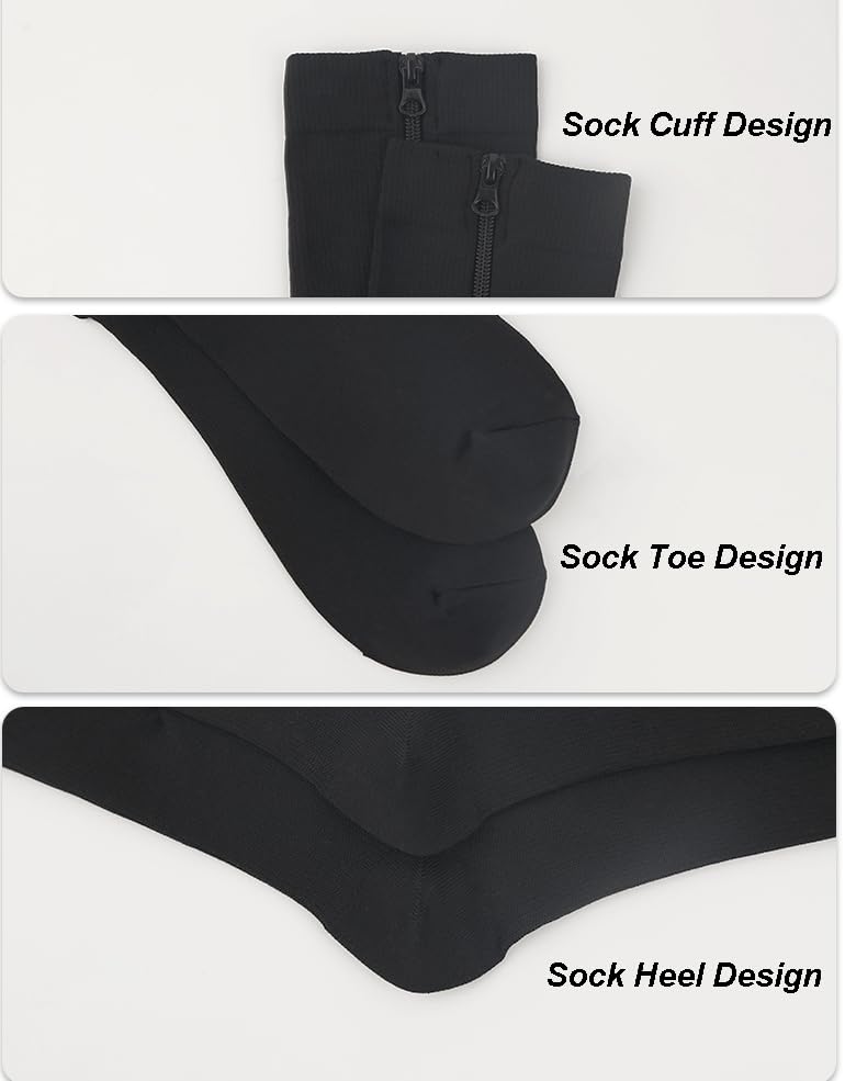 Compression Socks with Zipper - 15-20mmHg Closed Toe - Black, Large
