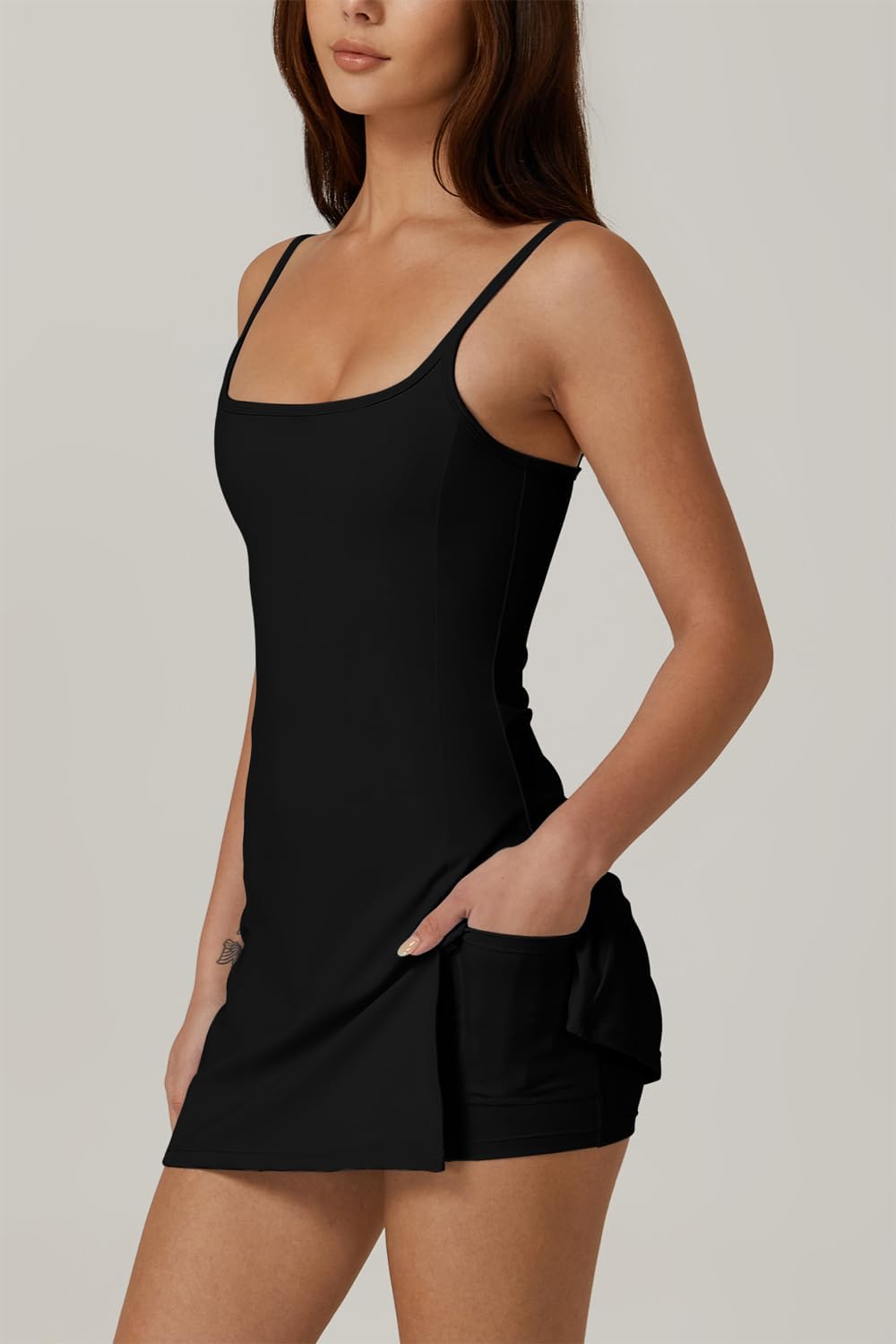 QINSEN Women's Tennis Dress - Spaghetti Strap Activewear with Shorts & Side Slit | Perfect for Golf & Workouts