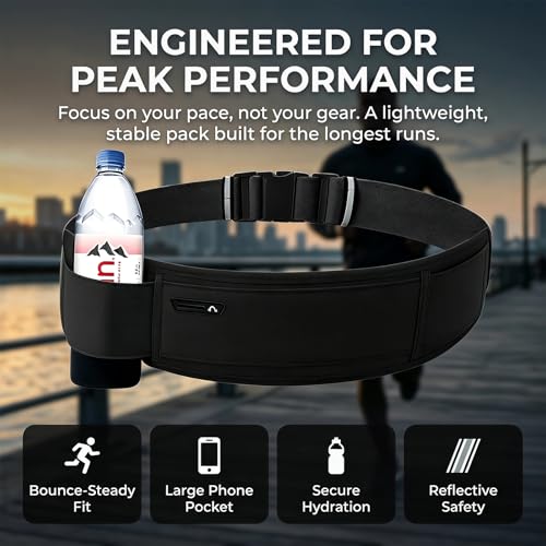 Hydration Belt with Water Bottle Holder & Phone Pocket - Jet Black