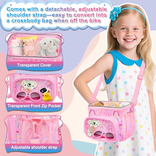 Kids Waterproof Pink Bike Handlebar Basket with Shoulder Strap - Toy & Snack Storage