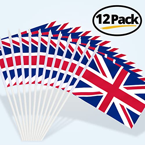 Mini Union Jack Flags - 12 Pack Handheld British Flags - 5.5x8 Inch with Stick