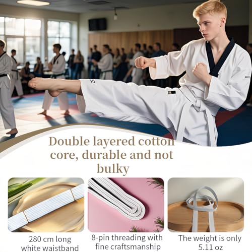 220cm White Martial Arts Belt - Double-Layered Cotton for Taekwondo, Karate, Judo