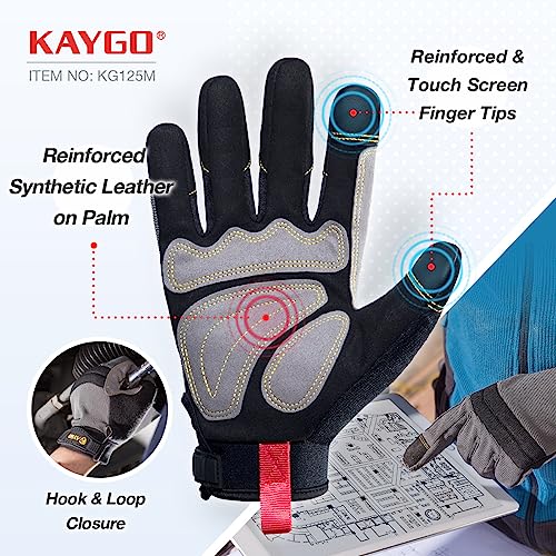 KAYGO Work Gloves For Men, KG125M Mechanic Utility Work Gloves for All Purpose, Excellent Grip, Heavy Duty, Improved Dexterity, Touch Screen,Large,3 Pair