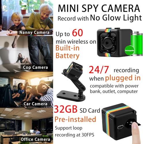 No WiFi Security Camera, Spy Camera with 32GB Memory Card,1080P FHD Small Camera, Portable Miniguard Cam with Night Vision, Motion Detection, Loop Storage, 360¡Æ Rotating Bracket