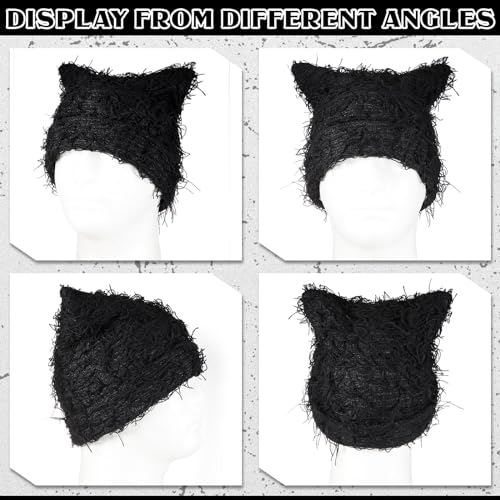 Distressed Knitted Cat Ear Beanie Hat - Black