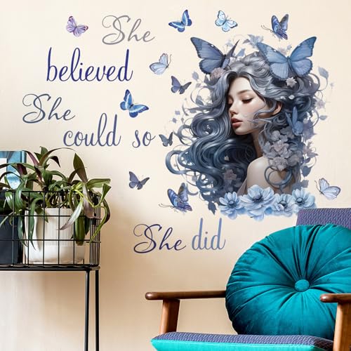 Blue Inspirational Wall Quote Decals She Believe She Could So She Did Wall Stickers DIY Peel and Stick Butterfly Positive Sayings Mural for Women Girls Bedroom Living Room Wall Decor