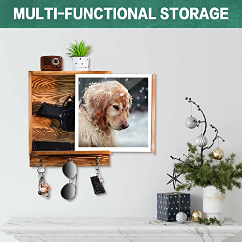 Hidden Gun Storage, Hidden Wall Gun Safe Pistol Rack Shelf with 3 Hooks for Secret Decor Concealment Furniture, Art Storage Cabinet Wooden Storage Shelves Indoor Picture Frame