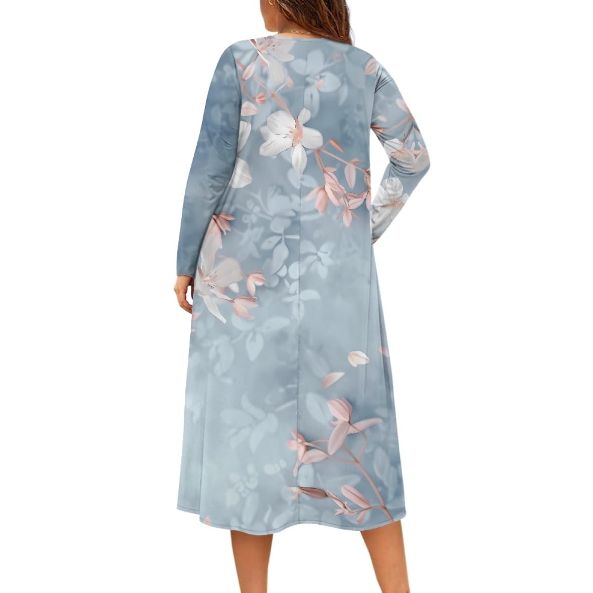 ZOCANIA Boho Dresses for Women 2024 Floral Maxi Dress V Neck Long Sleeve High Waist Plus Size Fall Dress Casual Tunic Dress Loose Wedding Guest Dresses for Women with Pockets,Blue White,3XL