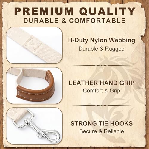 45 Ft Nylon Horse Driving Lines with Leather Wrapped Handle, Solid Brass Trigger Snaps — 2 Pack, White