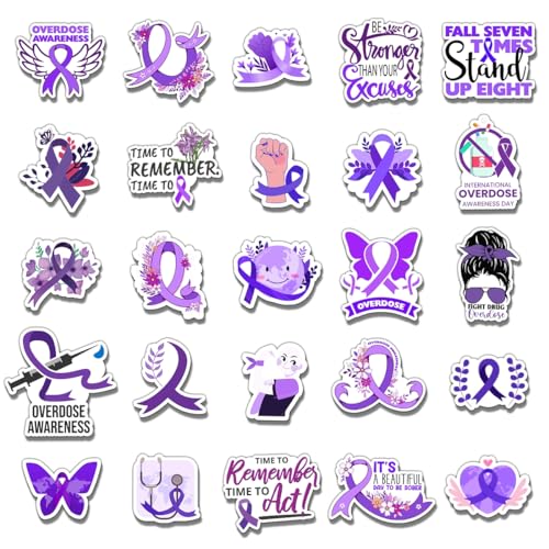 50 Pack Pcs Overdose Awareness Ribbon Stickers for Water Bottles Waterproof Vinyl Laptop Motivational Inspirational Quotes Sticker Packs Bulk Adults Teens Aesthetic Small Decals