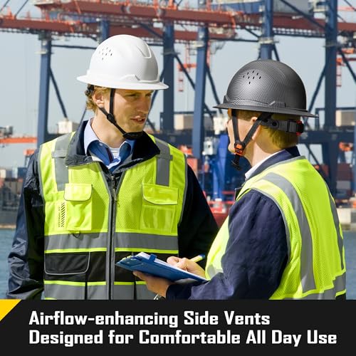 COOLJOB Full Brim Hard Hat, Vented Construction Safety Helmet OSHA Approved, 6-Point Ratchet Suspension, Carbon Fiber Pattern Design