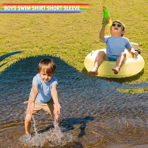 Smarash Boy's UPF 50 Short Sleeve Rash Guard Swim Shirt - Milk Blue, 3T