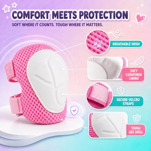 Pink Kids Bike Helmet Set for Ages 3-8 with Knee Elbow Wrist Pads, Small 19.69-21.26"