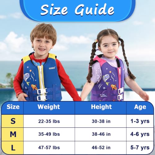GOSEN Kids Swim Vest Toddler Floaties for 24-40 lbs, Adjustable Safety Strap, Easy On/Off, Blue, Age 1-3
