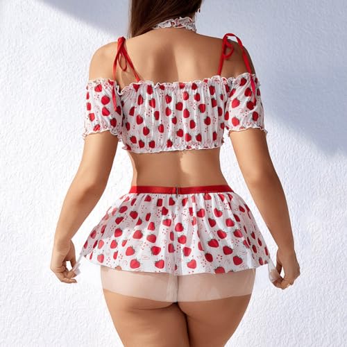 Kawaii Strawberry Print Lingerie Set for Women - Red, X-Large
