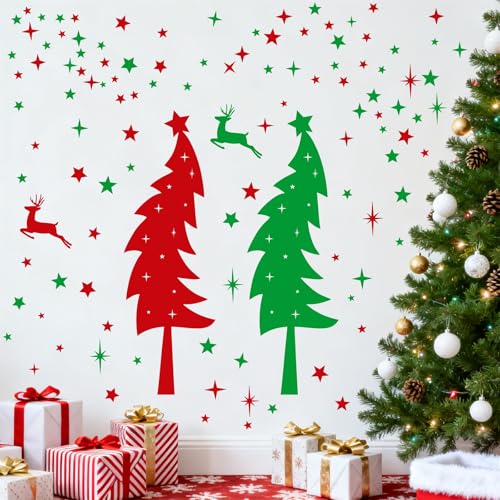 Large Christmas Tree Wall Stickers Vinyl Red Green Pine Tree Wall Decals Peel and Stick Stars Xmas Trees Stickers Removable Christmas Windows Walls Decorations Winter Holiday Party Supplies
