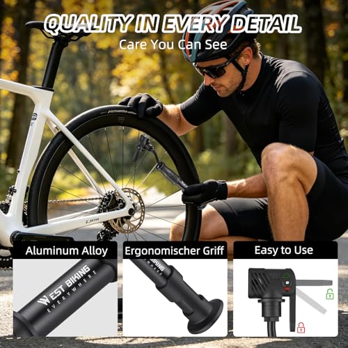West Biking Mini Bicycle Pump - Aluminum Alloy, 120 PSI, 3-Valve, Black