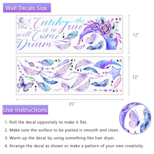 Yovkky Catch The Dream Purple Moon Wall Decals Stickers, Inspirational Dreamcatcher Feathers Flower Butterfly Nursery Decor, Boho Positive Quote Home Decorations Girls Kids Bedroom Living Room Art