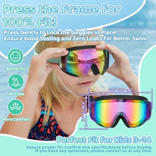 Vvinca Kids Swim Goggles 2 Pack Black & Blue + Black & Cyan with Earplugs, Wide View, Anti-Fog UV Protection, Adjustable Fit for Ages 3-14