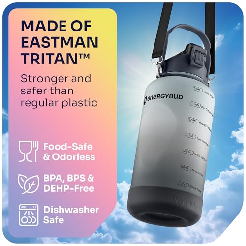 EnergyBud 1 Gallon Water Bottle with Straw, 128 oz, BPA/BPS Free Tritan, Time Markers, 6-in-1 Cap, Includes 2 Cleaning Brushes, Clear & Black