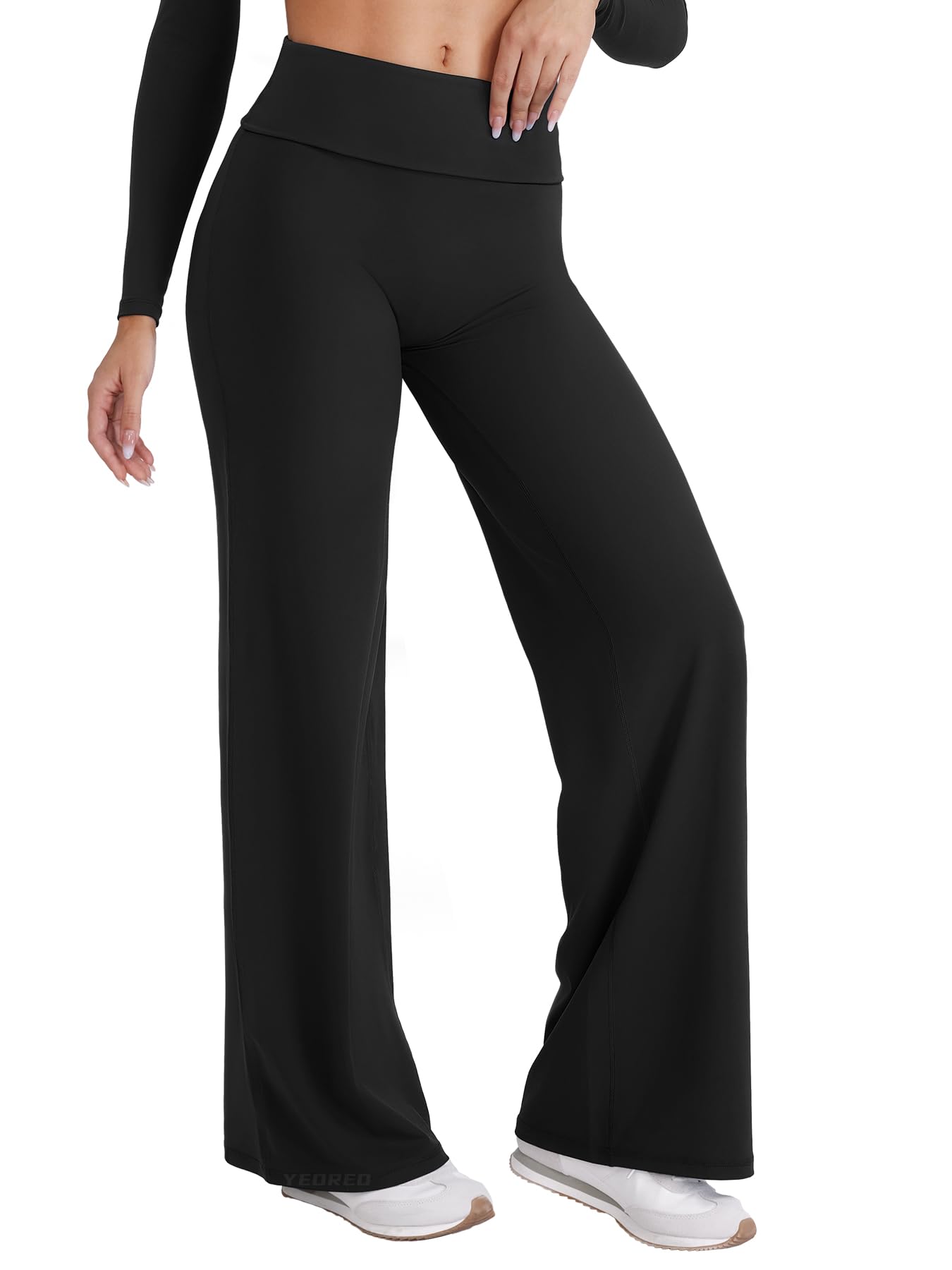 YEOREO SoftHue Straight Leg Leggings Women Fold Over Wide Leg Pants 31.5" Eddiy Casual Gym Workout Sweatpants Black M
