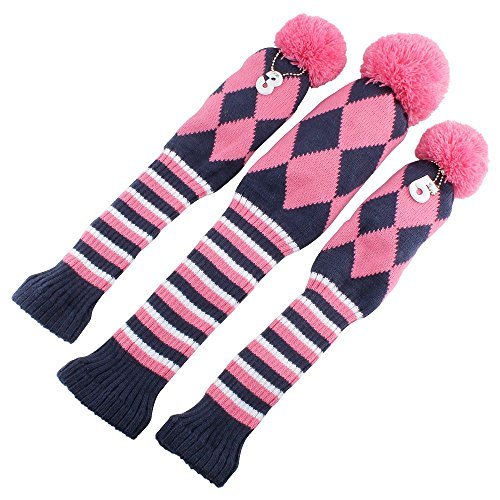 Craftsman Golf Knit Pom Pom 3pcs Headcover Set Vintange Sock Covers for Driver and Woods (Navy Argyle Pink White)