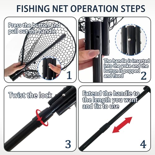 SEASPRO Black Telescoping Rubber Fishing Net with Handle & Extra Replacement Net, 59" Extendable Kayak & Saltwater Fishing Gear