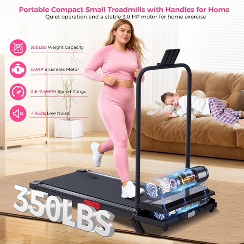 Portable Treadmill with Handle Bar - Compact Under Desk Walking Pad, 0.6-7.6MPH, Supports 350LBS