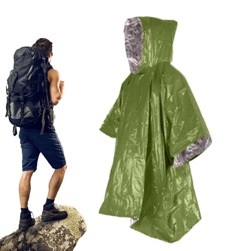 MIRouer Emergency Poncho with Mylar Blanket Liner for Survival Gear, Waterproof, Wind-Resistant Green Rain Poncho for Outdoors, Camping, and Car Emergency Kits - Thermal Poncho - 4 Pack (Green)
