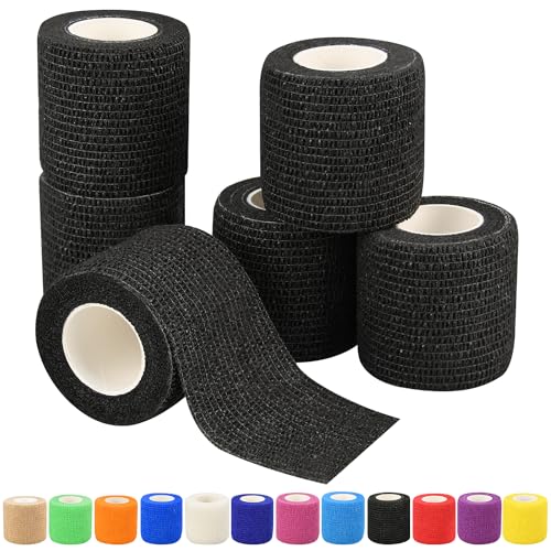 Self-Adhesive Athletic Bandage Wrap - 2 Inch x 5 Yards, 6 Pack - Black