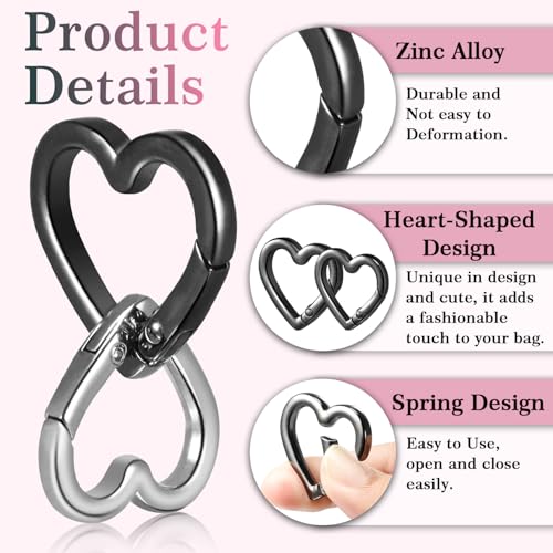 Heart Carabiner Keychain Clips - Metal Spring Hooks 25mm & 29mm (Silver, Black)