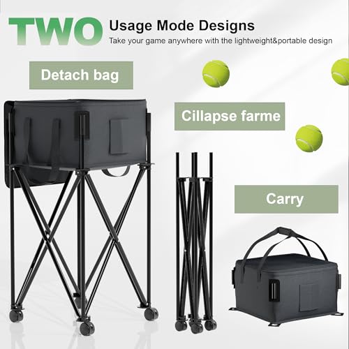 Lnmuzm Black Tennis Ball Hopper with Removable Bag & Wheels, Portable Tennis & Pickleball Basket for Training