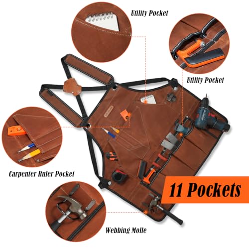 WELKINLAND 11-Pockets Waxed-Canvas Tool Apron, Heavy-Duty Carpenter Apron, Comfy Woodworking Apron, Convenient Workshop Apron, Fully-Adjustable Shop Aprons For Men, Well-Padded Work Aprons For Men