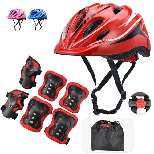 Kids Helmet & Knee Pad Set Red - Adjustable Elbow & Wrist Guards 5-12 yrs 7-in-1