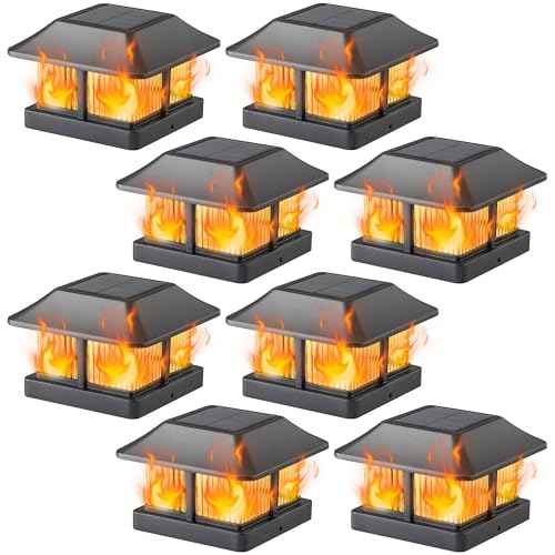 Dynaming Solar Flame Post Cap Lights Outdoor, Solar Powered Fence Post Light, Flickering Flame LED Lantern Lamps Waterproof for Garden Deck Patio, Fit 4x4 Wooden/Vinyl Posts, 8 Pack