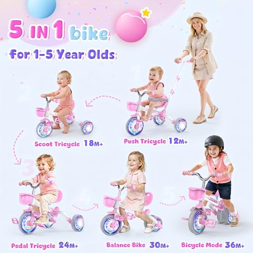 Toddler 5-in-1 Bike for Ages 1-5 - Tricycle with Pink Light-Up Wheels