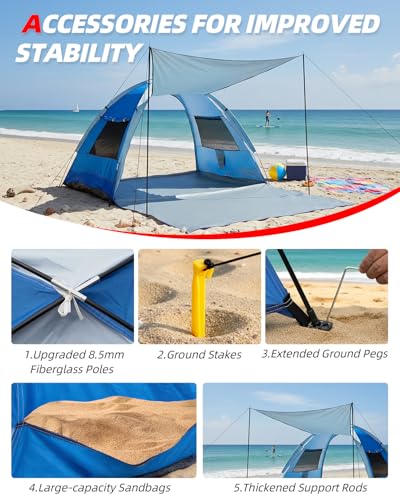 Blue 3-Person Beach Tent Sun Shelter UPF 50+ UV Protection Portable Canopy