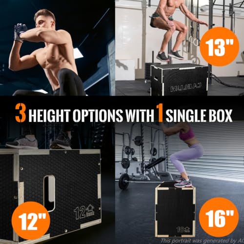 CAELUM 3-in-1 Black Wooden Plyometric Jump Box - 16 x 13 x 12 Inches, Non-Slip Gym Equipment