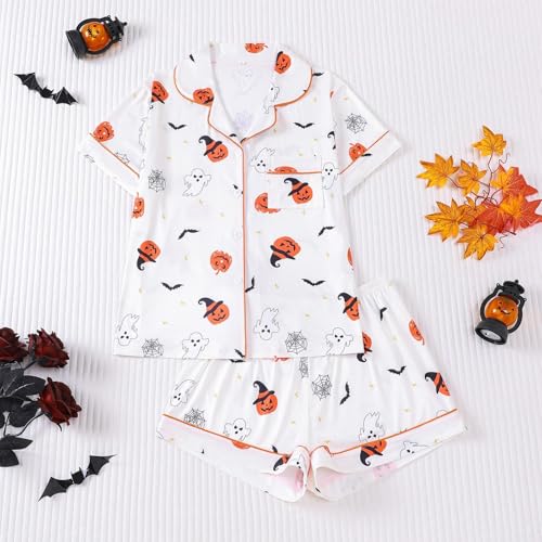Halloween Pajamas Set for Women - Ghost & Pumpkin Print - White, Medium