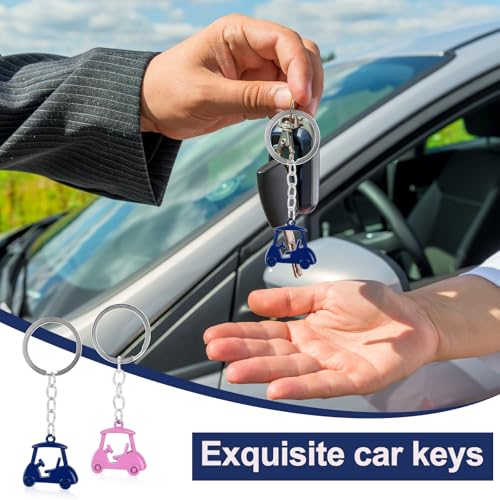 Golf Cart Keychain Set - Zinc Alloy Golf Gift for Men & Women - Blue, Pink