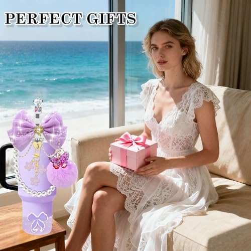 Bling Tumbler Accessory Set for 20/30/40oz Cups - Purple Bow & Pearl Strap