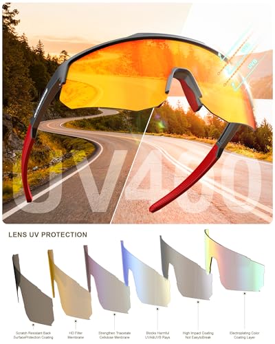 Polarized Sports Sunglasses - UV400 One-Piece Lens, 3 Pack - Transparent Black-Blue-Red
