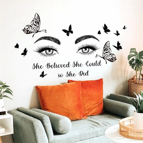 Black Eyelash Eyes Butterfly Wall Stickers, sacinora Inspirational Quotes Motivational Word DIY Wall Decals Removable Vinyl Peel and Stick for Women Girl Kids Living Room Bedroom Nursery Art Decor