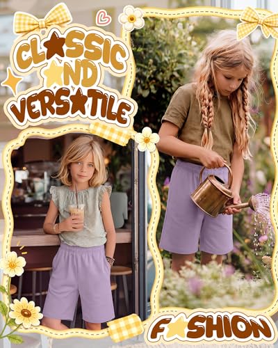 Girls' Athletic Bermuda Shorts - Wide Leg Casual Kids Summer Wear - Light Purple