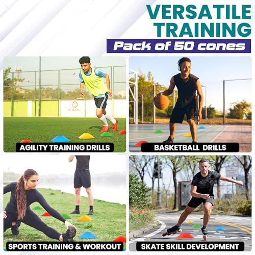 Agility Cone Set - 50 Pack with Carry Bag & Holder - 5 Colors