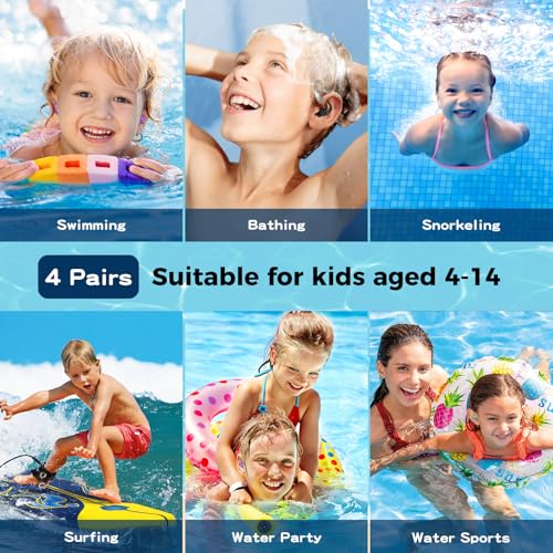 Swimming Ear Plugs for Kids & Adults - 4 Pairs, Black+Green+Purple+Pink