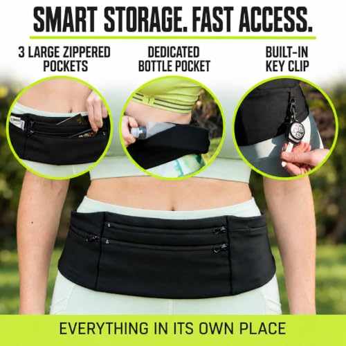StashBandz Medium Running & Travel Belt with 3 Zipper Pockets & Water Bottle Holder