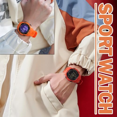 Men's Digital Sports Watch - Waterproof Pedometer with Stopwatch & Alarm - Orange