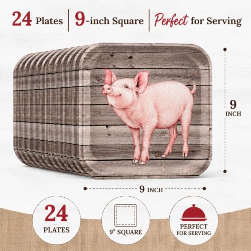 Havercamp Pig Barnwood Plates - 24 Pack, 9 Inch Farm Theme Party Plates